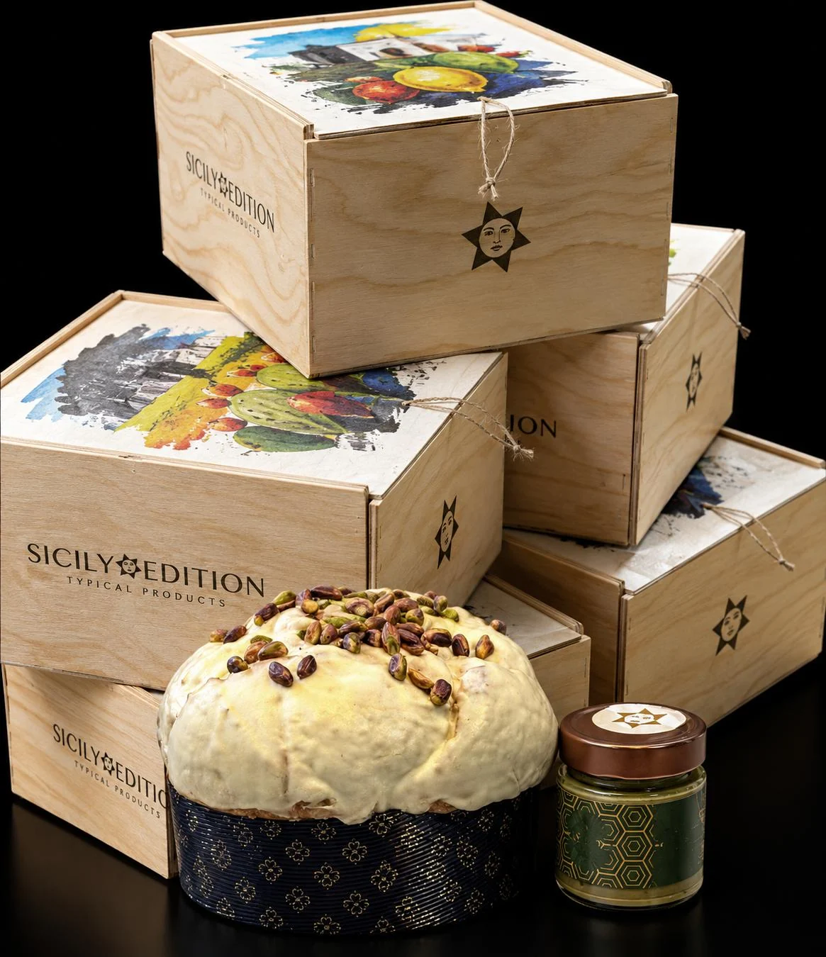 Special Box in legno con panettone al pistacchio e crema da spalmare